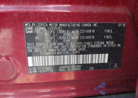 2020 Toyota Rav4 Hybrid Limited z USA, uszkodzony, nr VIN 2T3DWRFV5LW061318